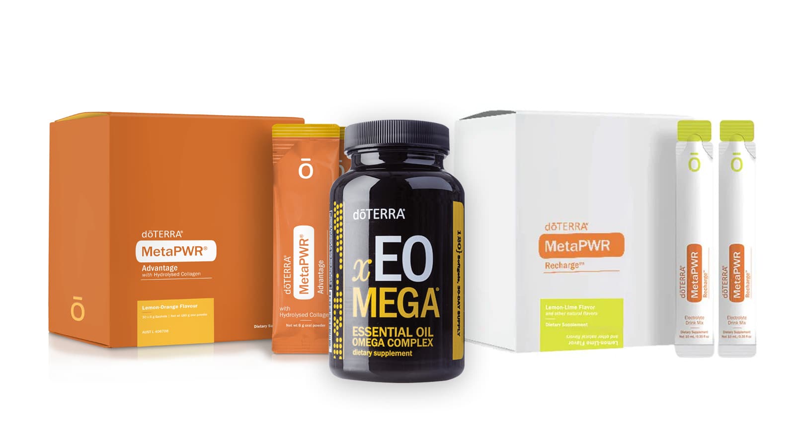 Image of doTERRA MetaPWR Advantage, Recharge and xEO Mega Essential Oil Omega Complex