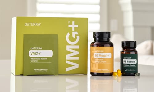 VMG EO Mega PB Restore Foundational Wellness Vitamins Minerals Greens Supplement System doTERRA LLV Omega Microbiome Probiotics Peppermint Shaker Bottle image