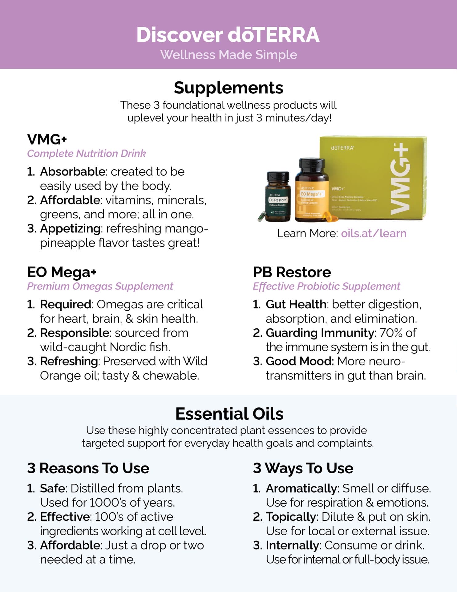 A dōTERRA wellness flyer with a purple and white color scheme, featuring three core supplements: VMG+ (Complete Nutrition Drink), EO Mega+ (Premium Omegas Supplement), and PB Restore (Effective Probiotic Supplement). Each product is described with its benefits, including improved absorption, heart and brain health, and gut support. The flyer also highlights the benefits and uses of essential oils, listing three reasons to use them (safe, effective, and affordable) and three application methods (aromatic, topical, and internal). A product image of the supplements is included alongside a link for more information: oils.at/learn.