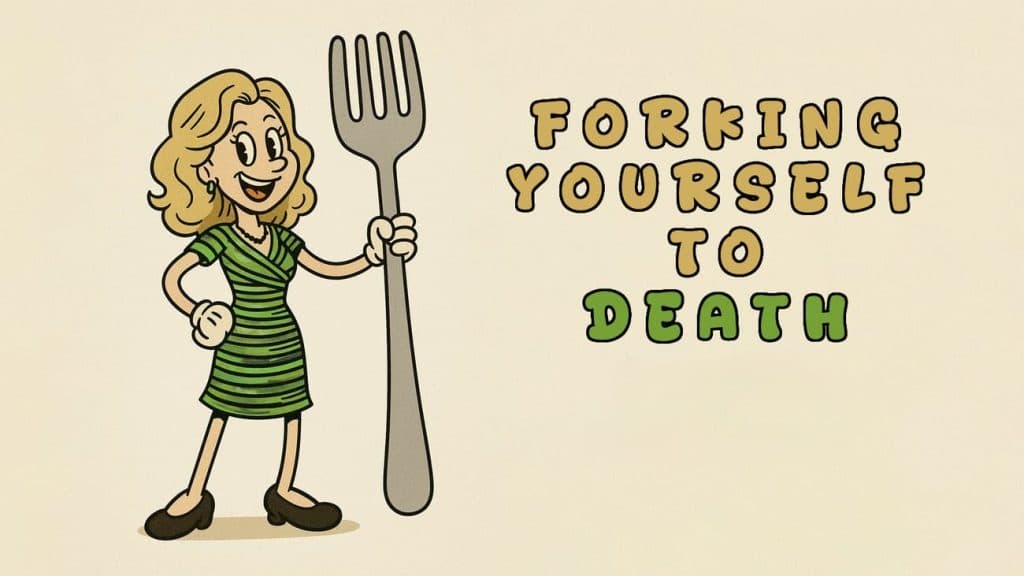 Cartoon of Kimberley holding a fork in hand and heading Forking Yourself To Death