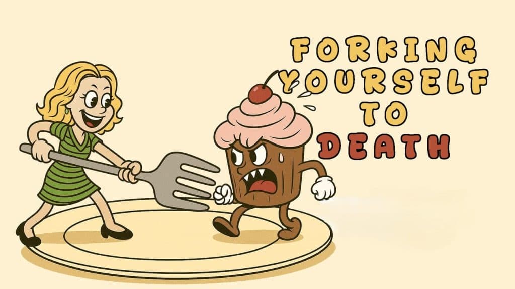 Cartoon of Kimberley holding a fork in hand attacking a cupcake with the heading Forking Yourself To Death