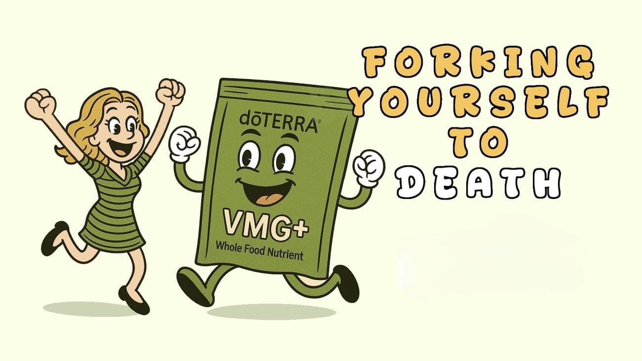 Cartoon of Kimberley jumping up and down with VMG pouch character with the heading Forking Yourself To Death